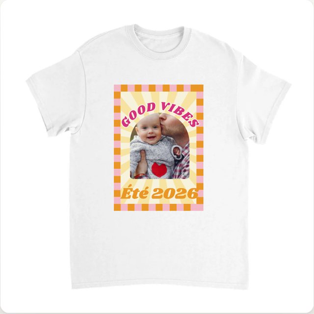 Good vibes theme on a T-shirt, personalised with a photo