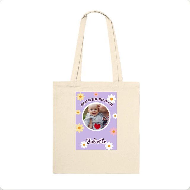 Flower power theme on a tote bag, personalised with a photo