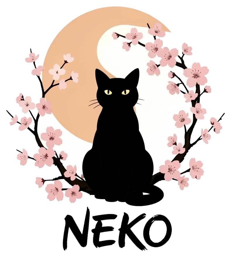 Visuel généré par l'IA : chat noir en style japonais, fleurs de cerisier, lune, mot NEKO