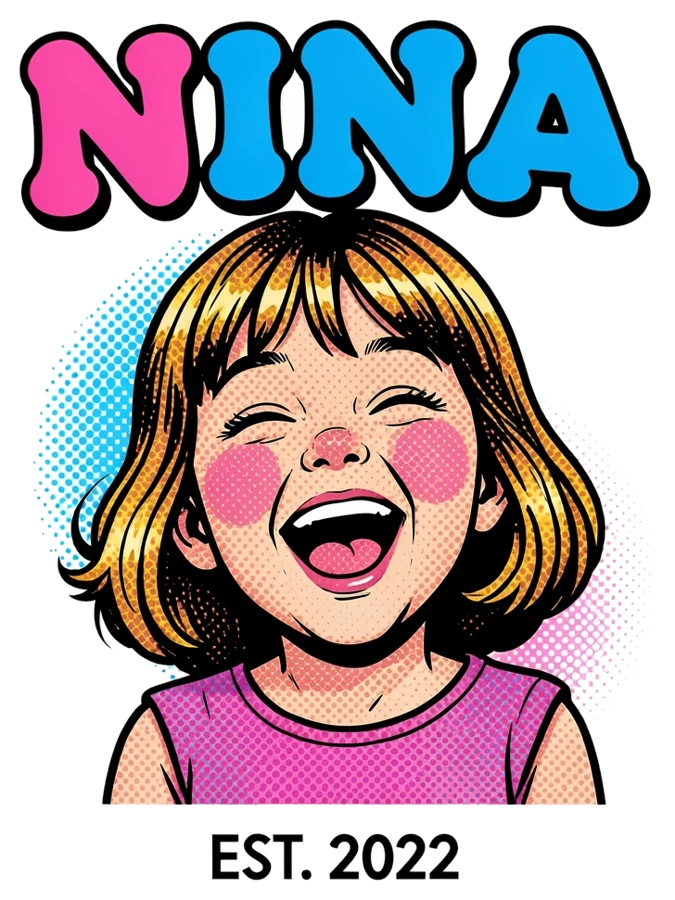 Visuel généré par l'IA : petite fille qui rit en pop-art, texte NINA et étiquette EST. 2022
