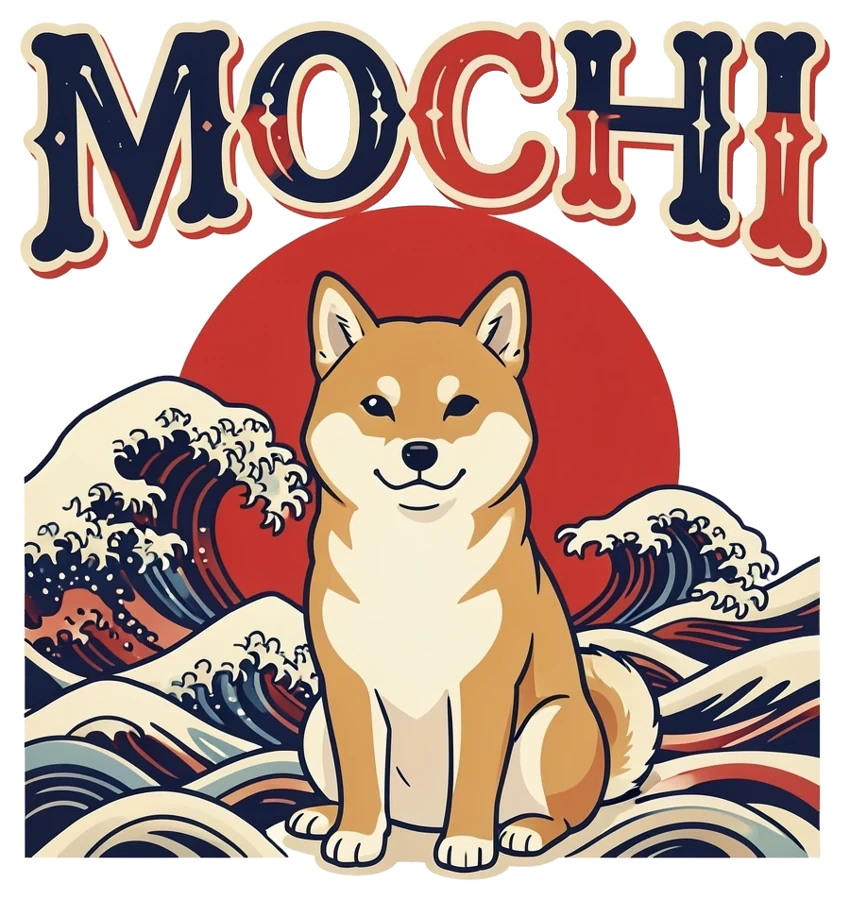 Visuel généré par l'IA : shiba inu en style estampe japonaise, vague et soleil rouge, lettrage MOCHI