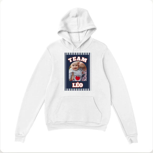 Team theme on a hoodie, personalised with a photo
