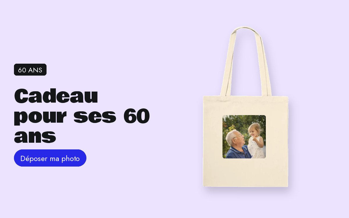 Tote bag personnalisé avec photo – Cadeau pour ses 60 ans : le tote bag et le bob de ses nouvelles activités