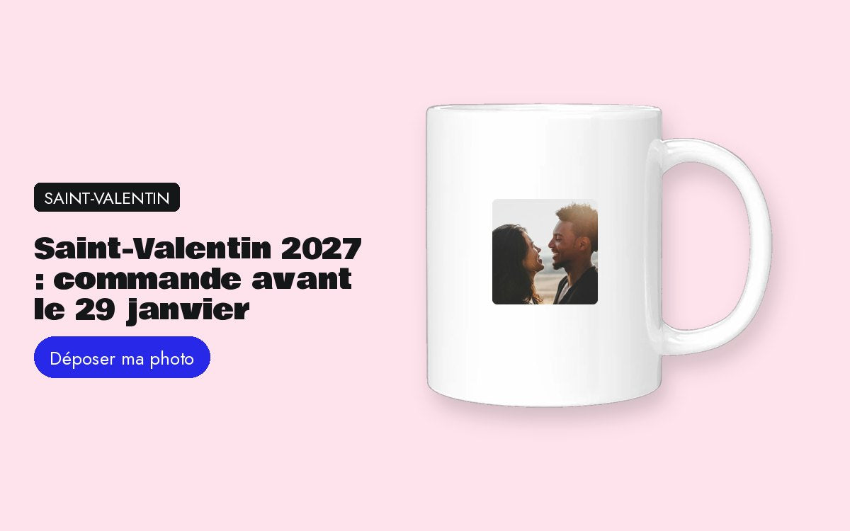 Mug personnalisé avec photo – Saint-Valentin 2027 : le dimanche 14 février, commande avant le 29 janvier
