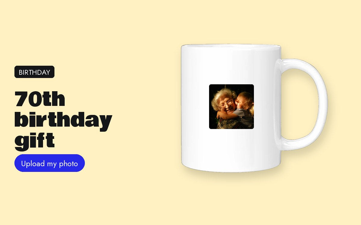 Custom mug with your photo – 70th birthday gift: a photo from their twenties, Seventies-style