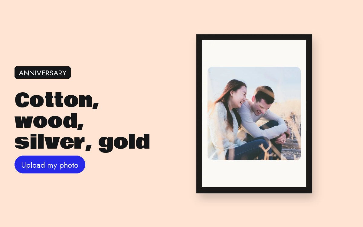 Custom framed print with your photo – Cotton, wood, silver, gold: a photo gift for every wedding anniversary