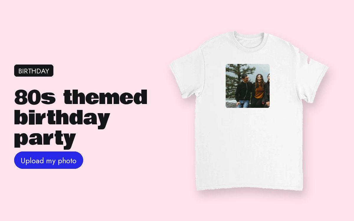 Custom t-shirt with your photo – 80s themed birthday party: t-shirts and favours with their photo