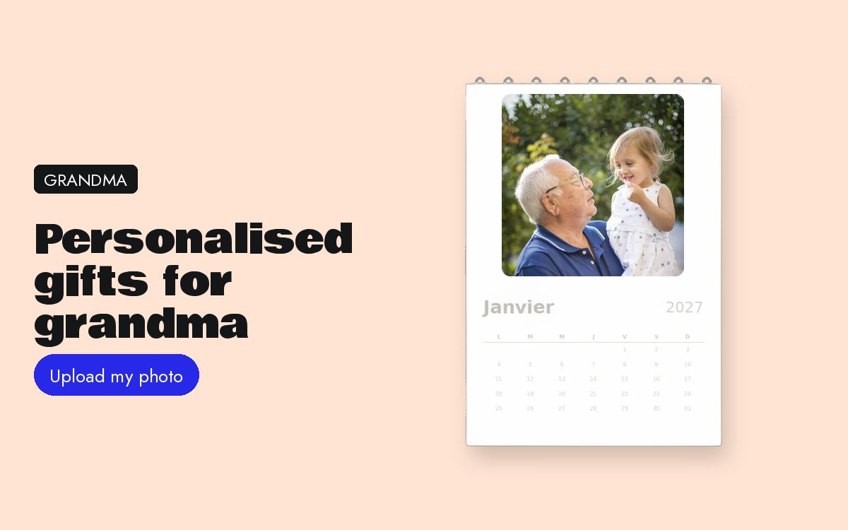 Personalised gifts for grandma: calendar, frame and mug with photos