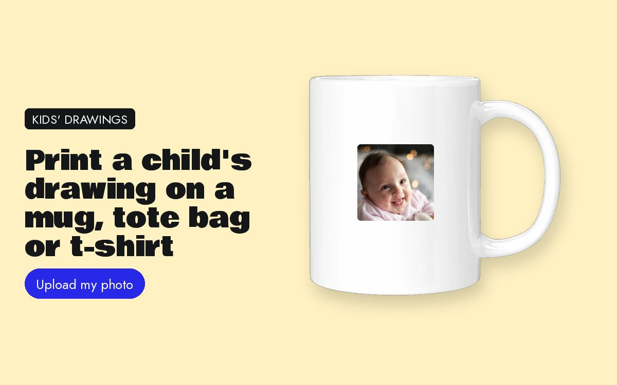 Print a child's drawing on a mug, tote bag or t-shirt