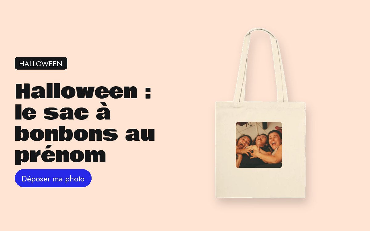 Tote bag personnalisé avec photo – Halloween : le sac à bonbons au prénom, et la photo qui servira à Noël